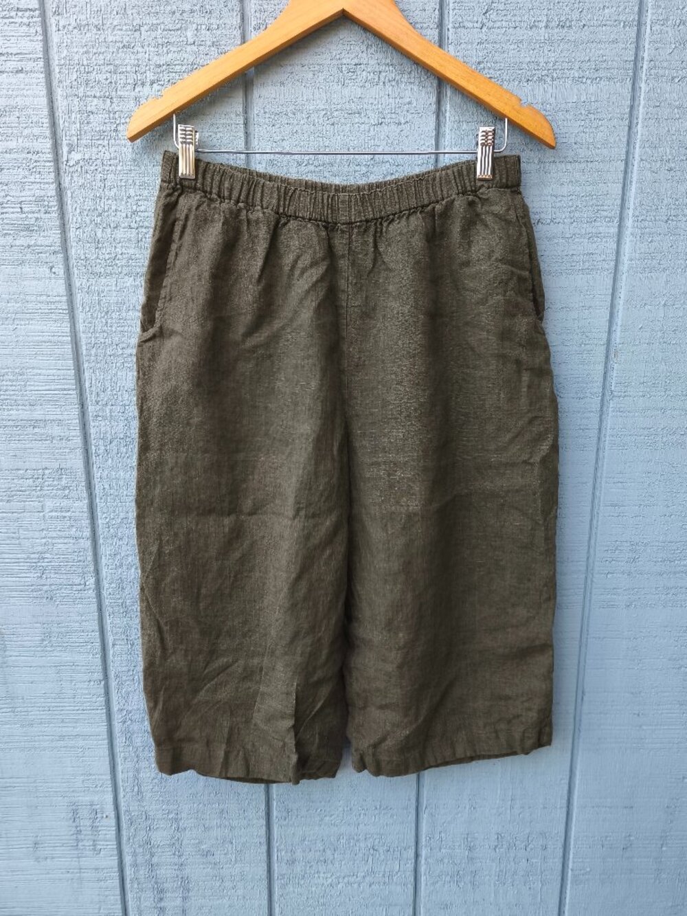 Flax 100% Linen Extra Wide Leg Pull On Cropped Pants sz S Green Coastal Flowy